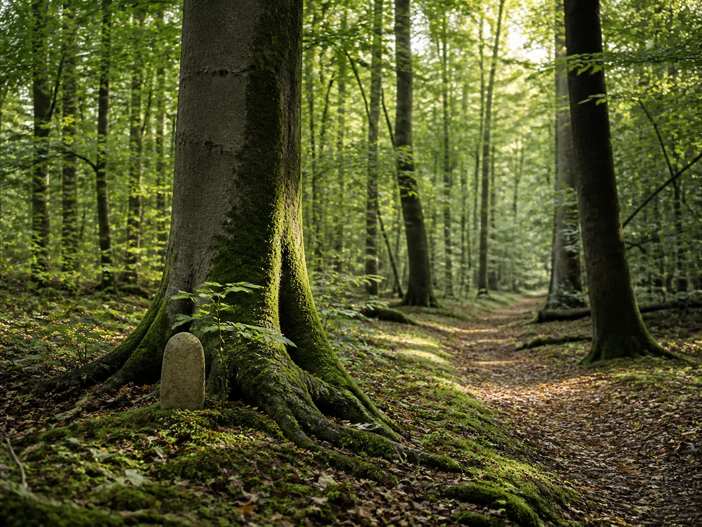 Waldweg mit bemoosten Bäumen in einem Bestattungswald