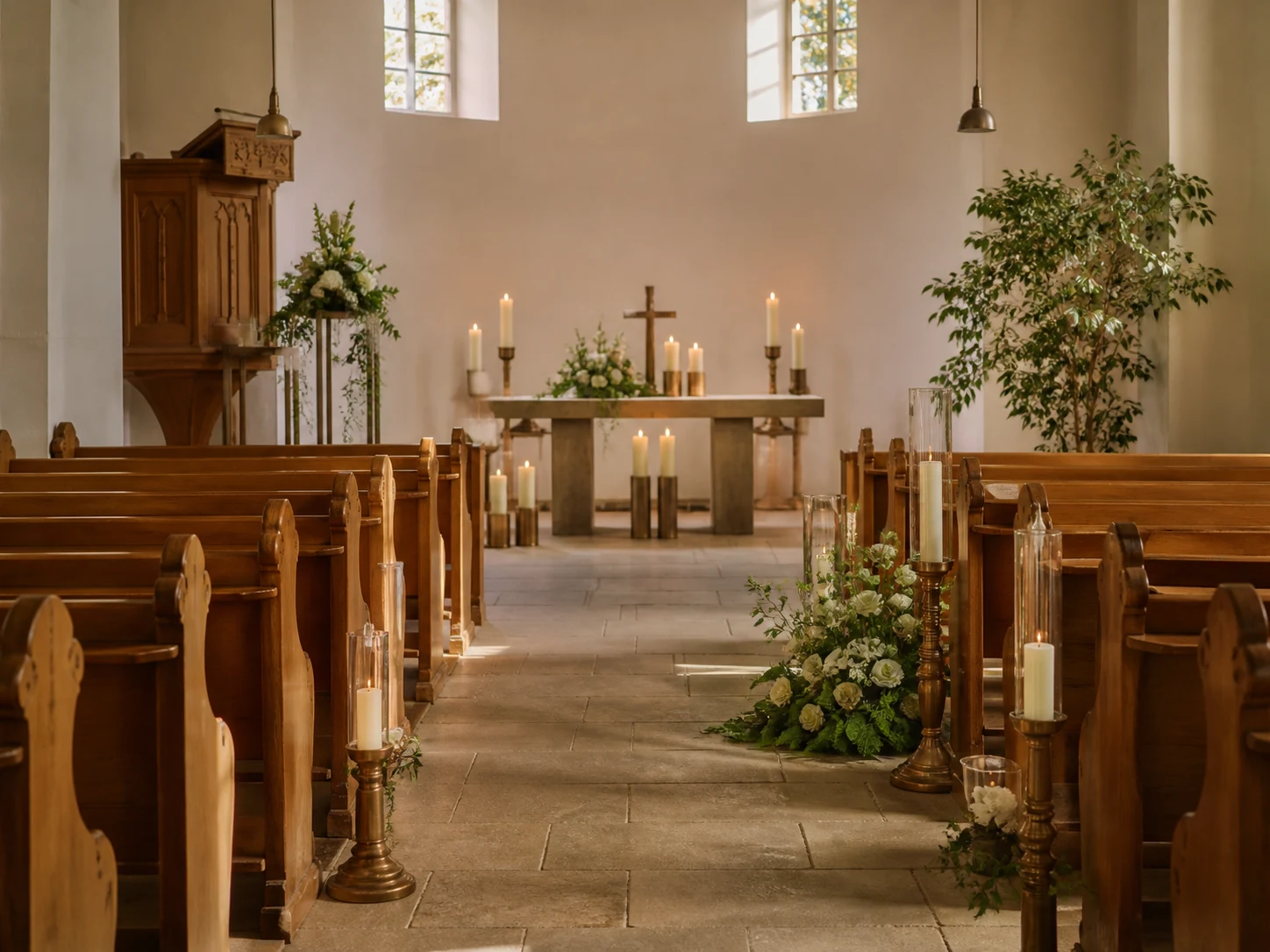 Kapelle mit Kerzen und Blumenschmuck vor der Trauerfeier