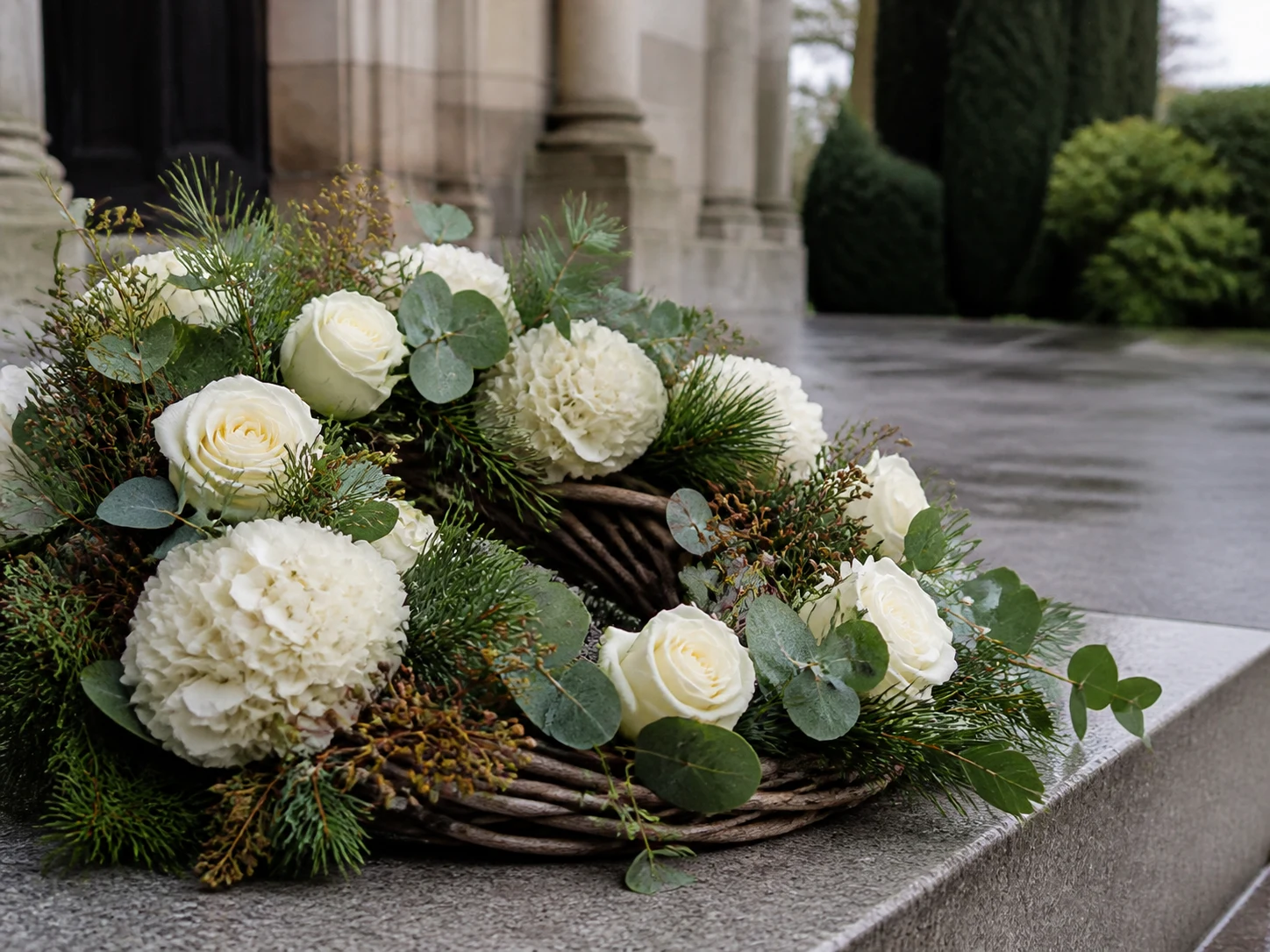 Weißer Trauerkranz mit Rosen auf den Stufen einer Kapelle